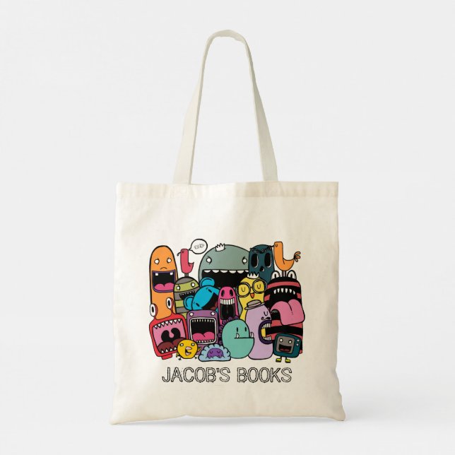 Niedliche Monster-Zeichen Name Bibliotheksbuch-Tas Tragetasche (Rückseite)