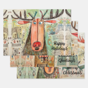 Niedliche Moose Weihnachtstypografie Moderner Spaß Geschenkpapier Set