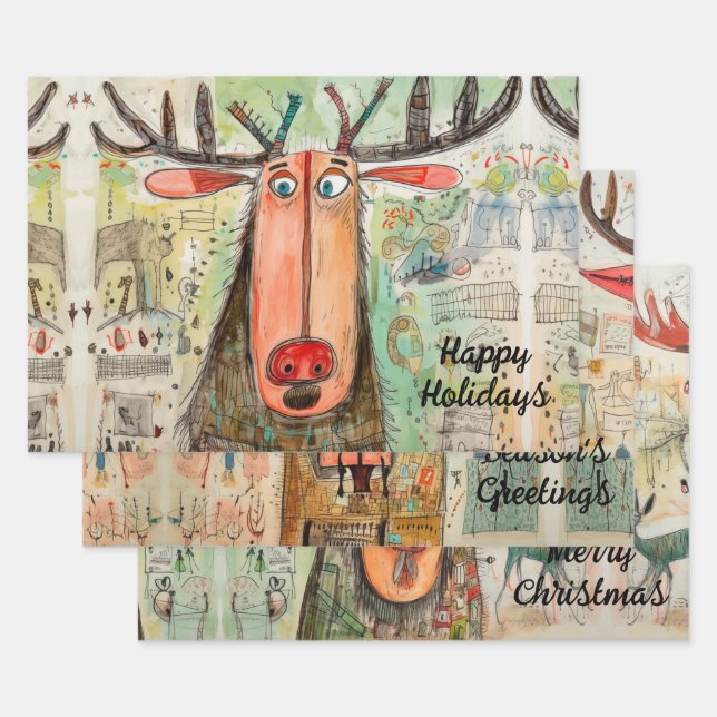 Niedliche Moose Weihnachtstypografie Moderner Spaß Geschenkpapier Set (Set)