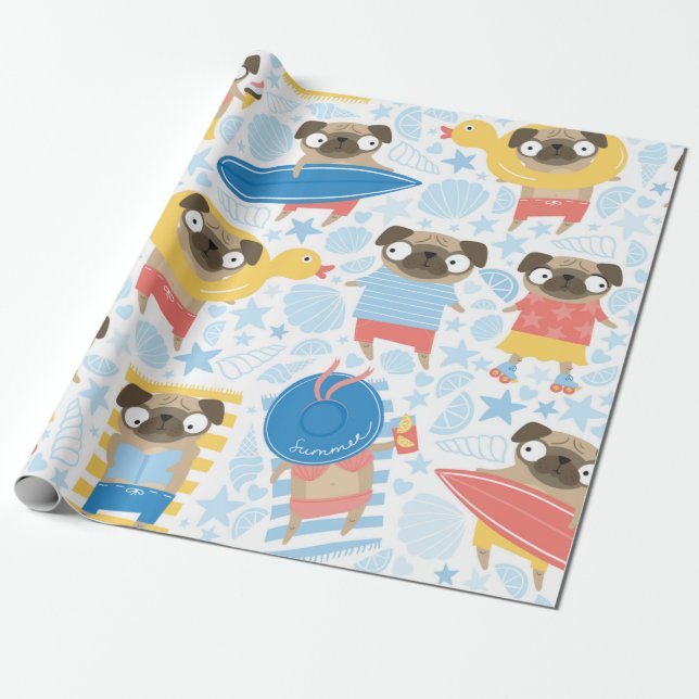 Niedliche Möpsen im Urlaub. Muster mit Cartoon-Mop Geschenkpapier (Ungerollt)