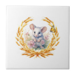 Niedliche Mouse Weizen Schmetterling Tile Weiße Bl Fliese