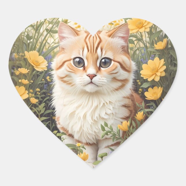 Niedliche Munchkin-Kat- und Buttercup-Blume Herz-Aufkleber (Vorderseite)