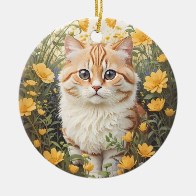 Niedliche Munchkin-Kat- und Buttercup-Blume Keramik Ornament (Vorne)