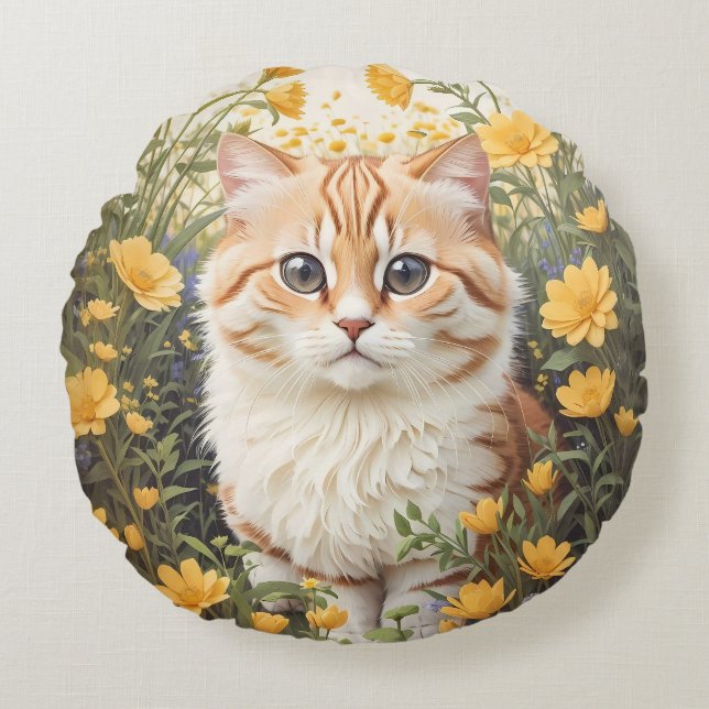 Niedliche Munchkin-Kat- und Buttercup-Blume Rundes Kissen (Vorderseite)