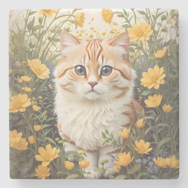 Niedliche Munchkin-Kat- und Buttercup-Blume Steinuntersetzer (Vorderseite)