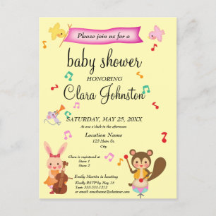Niedliche Musical Animals Pink Baby Dusche Einladu Einladungspostkarte
