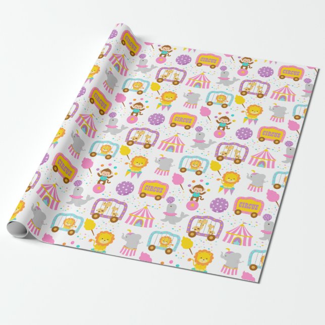 Niedliche Muster-Rosa-Zirkus-Karnevals-Charaktere Geschenkpapier (Ungerollt)
