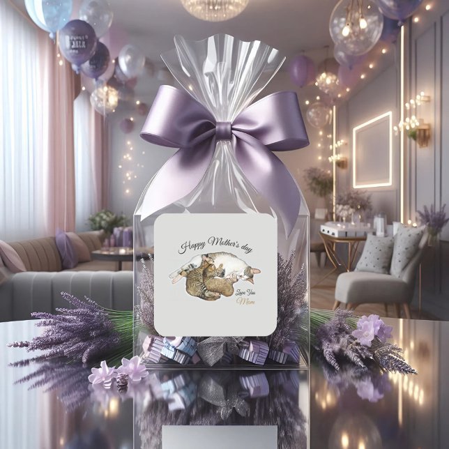 Niedliche Mutterkatze und Kätzchen auf dem Aufkleb Quadratischer Aufkleber (Von Creator hochgeladen)