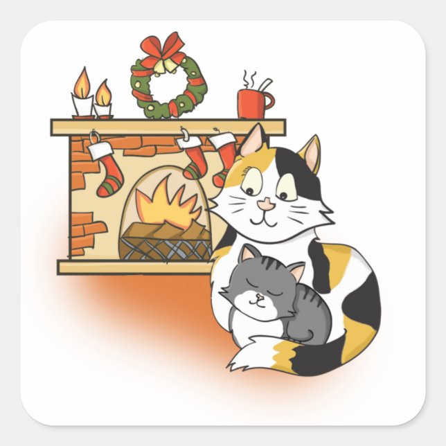 Niedliche Mutterkatze und Kätzchen Weihnachtsfeuer Quadratischer Aufkleber (Vorderseite)