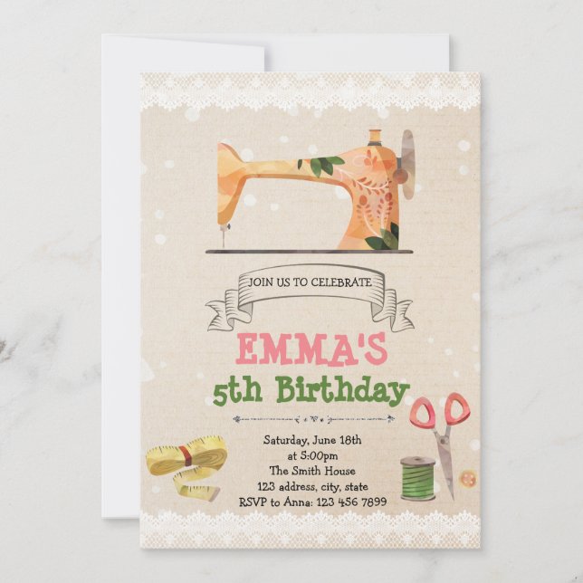 Niedliche nähende Thema-Party Einladung (Vorderseite)