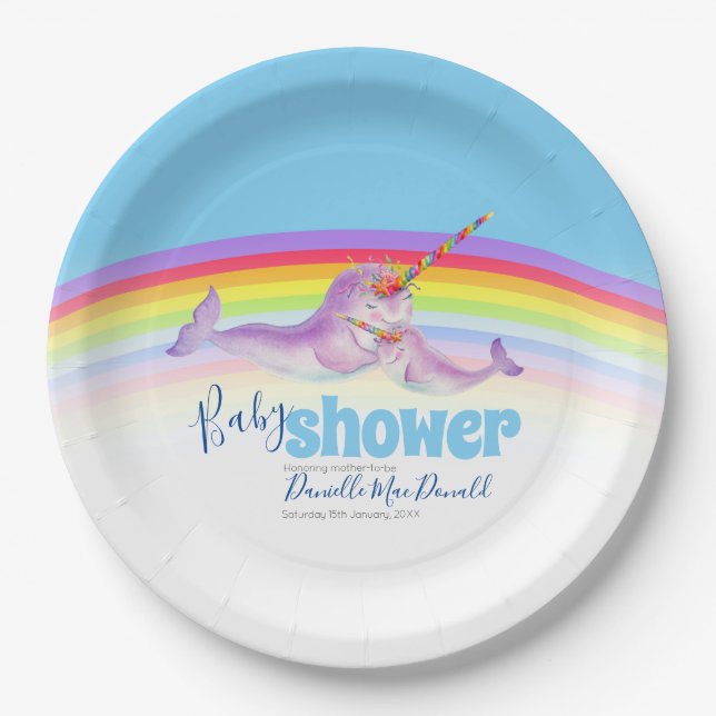 Niedliche Narwal Mutter Baby Blue Regenbogenbaby D Pappteller (Vorderseite)