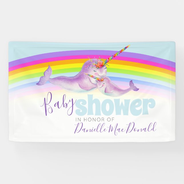 Niedliche Narwal Mutter und Baby Regenbogenbaby Du Banner (Horizontal)