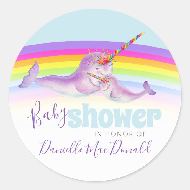 Niedliche Narwal Mutter und Baby Regenbogenbaby Du Runder Aufkleber (Vorderseite)