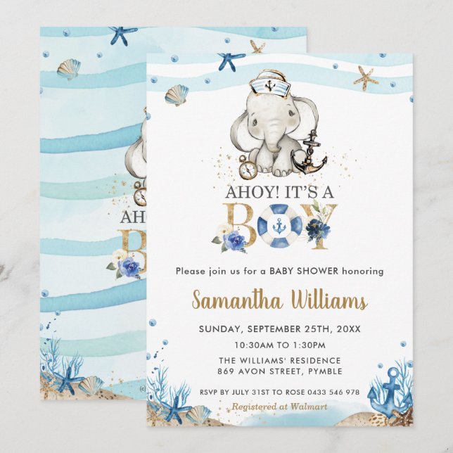 Niedliche Nautical Elephant Ahoy Es ist eine Baby- Einladung (Vorne/Hinten)