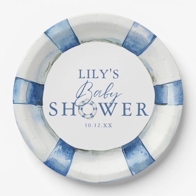 Niedliche Nautical Ocean Lifebuoy Babydusche Pappteller (Vorderseite)