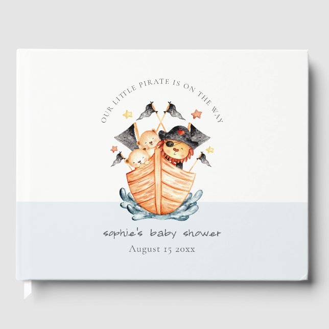 Niedliche Nautical Pirate Ship Lion Cub Babydusche Gästebuch (Vorderseite)