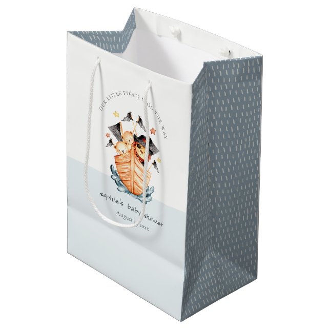 Niedliche Nautical Pirate Ship Lion Cub Babydusche Mittlere Geschenktüte (Vorderseite Schrägansicht)