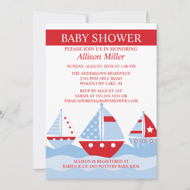 Niedliche Nautical SAILBOATS Boy Baby Dusche Einladung (Vorderseite)