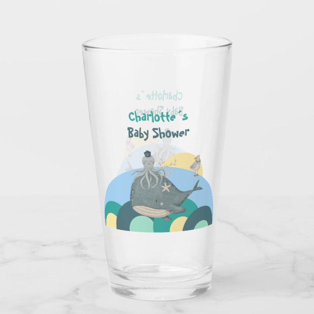 Niedliche Nautical Whale Octopus Green Baby Dusche Glas (Vorderseite)