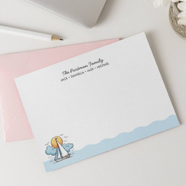 NIEDLICHE NAUTISCHE SAILBOOTFAMILIENNOTEKARTEN MITTEILUNGSKARTE (NAUTICAL NOTE CARD FOR FAMILIES WITH KIDS AND SAILBOATS PASSION)