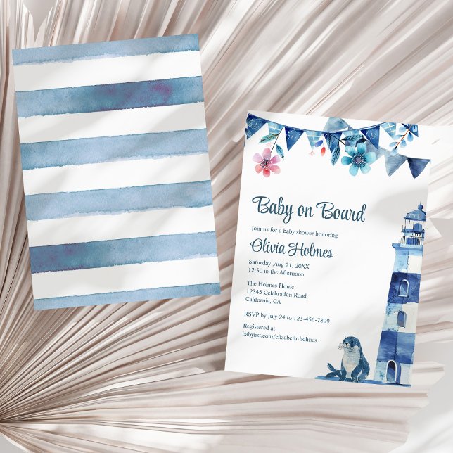 Niedliche Navy "Baby on board" Kinderdusche Einladung (Cute Navy "Baby on Board" Baby Shower Invitation on a sunny neutral dry palm leaf.)
