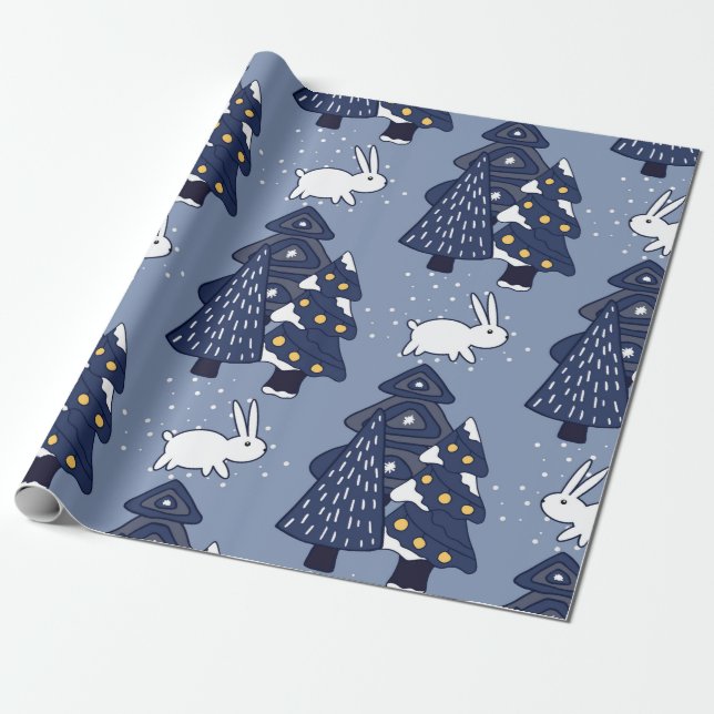 Niedliche Navy Blauer Winter Weihnachtsbäume Schne Geschenkpapier (Ungerollt)