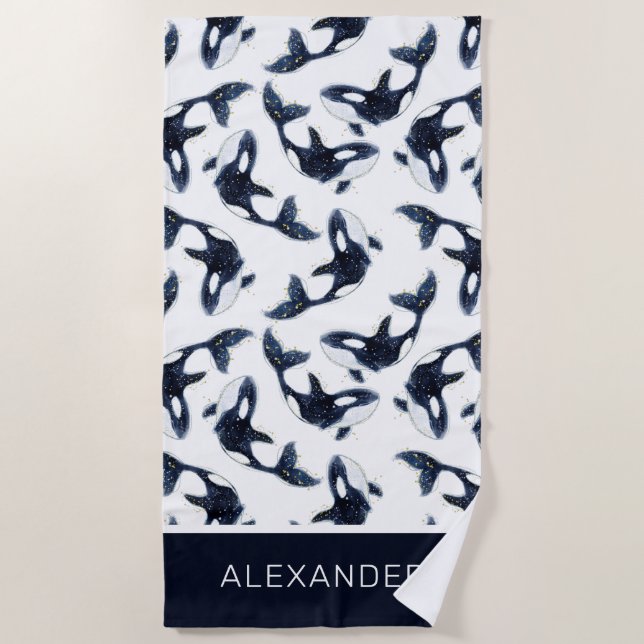 Niedliche Navy Blue Orca Whale Personalisierte Kin Strandtuch (Vorderseite)