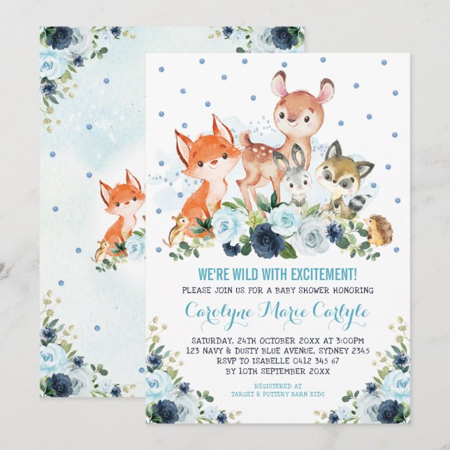 Niedliche Navy Blue Woodland Forest Animals Kinder Einladung (Vorne/Hinten)