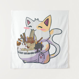 Niedliche Neko Katze mit Ramen Noodles Bowl Anime  Wandteppich