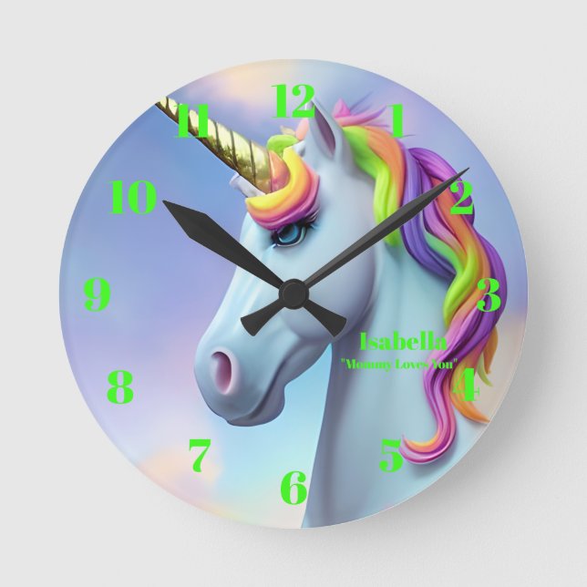 Niedliche Neon Green Pink Unicorn Personalisierte  Runde Wanduhr (Vorderseite)