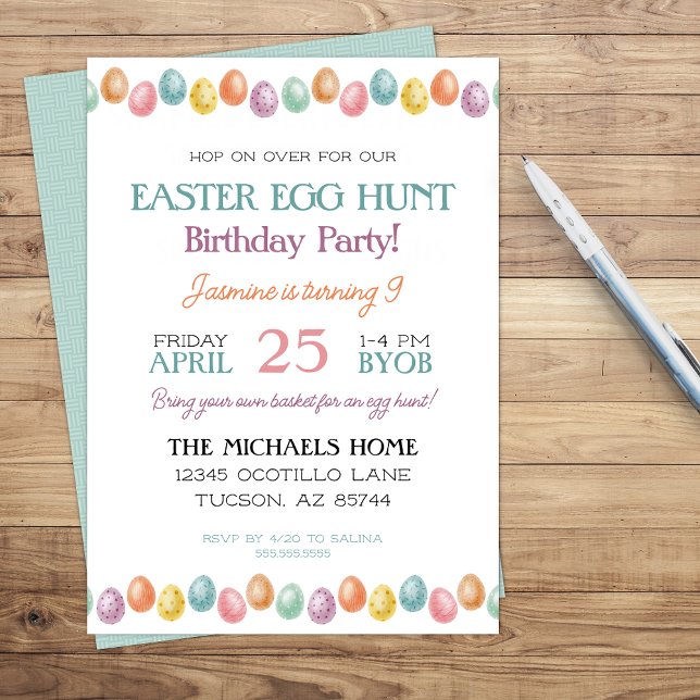 Niedliche Neuzeit zu Ostern Geburtstag Einladung (fun easter birthday party invitation for boy or girl with simple easter egg border)