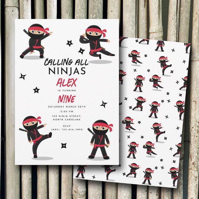 Niedliche Ninja Warrior Kids Black & Red Geburtsta Einladung (Cute Ninja Warrior Kids Black & Red Birthday Party Invitation)