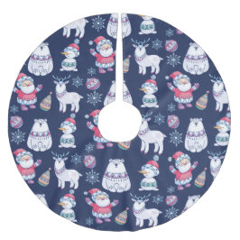 Niedliche nordische Tiere und Santa Pattern Polyester Weihnachtsbaumdecke
