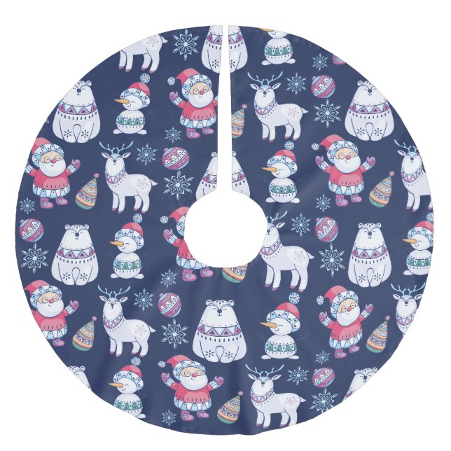 Niedliche nordische Tiere und Santa Pattern Polyester Weihnachtsbaumdecke (Vorderseite)