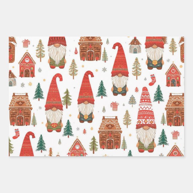 Niedliche nordische Weihnachtsgnomen & Gingerbread Geschenkpapier Set (Vorderseite)