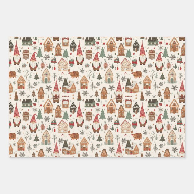 Niedliche nordische Weihnachtsgnomen & Gingerbread Geschenkpapier Set (Vorderseite)