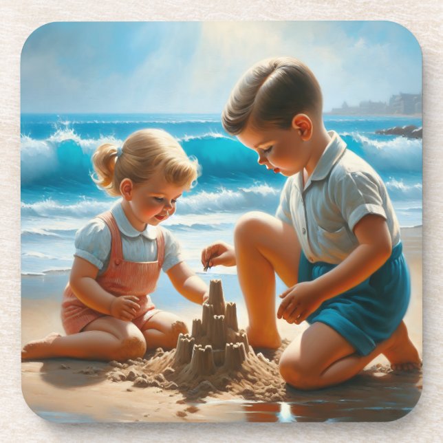Niedliche Nostalgie-Kinder im Beach 50er Jahre Getränkeuntersetzer (Vorderseite)