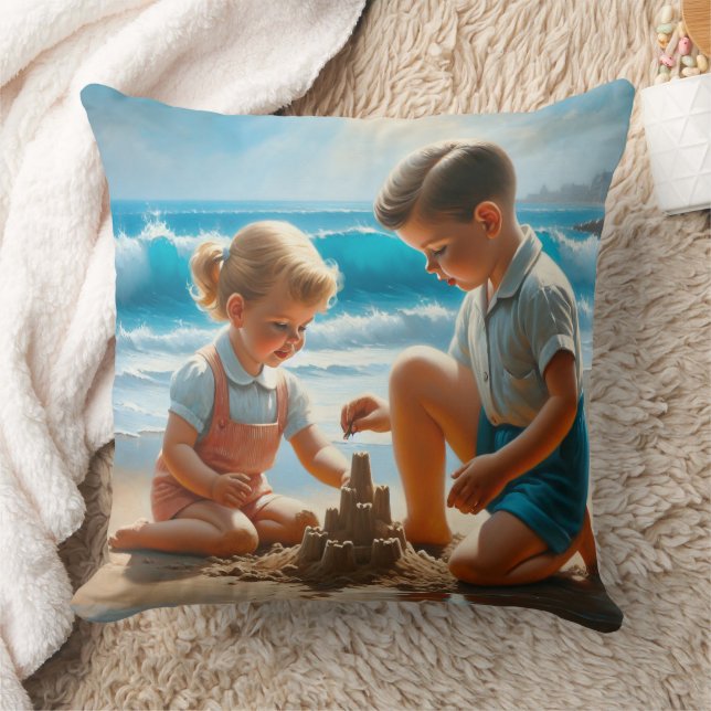Niedliche Nostalgie-Kinder im Beach 50er Jahre Kissen (Decke)
