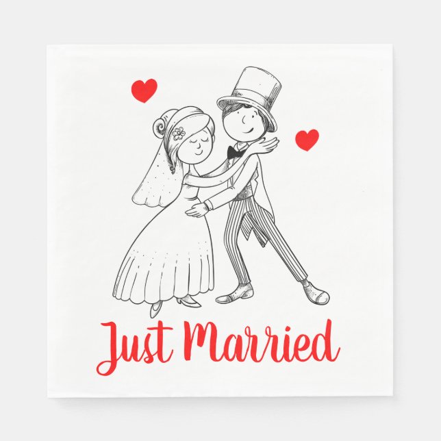 Niedliche nur verheiratete Cartoon Braut Groom Red Serviette (Vorderseite)