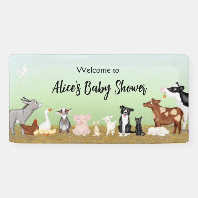 Niedliche Nutztiere Baby Dusche Vinyl Begrüßungsba Banner (Horizontal)