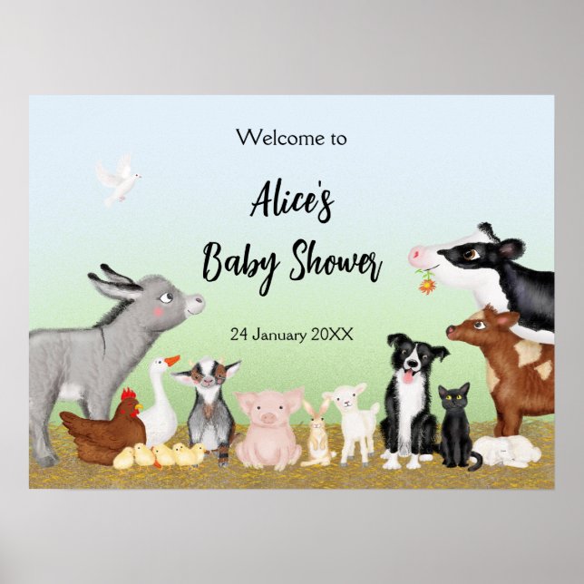 Niedliche Nutztiere Babydusche Begrüßungszeichen/P Poster (Vorne)