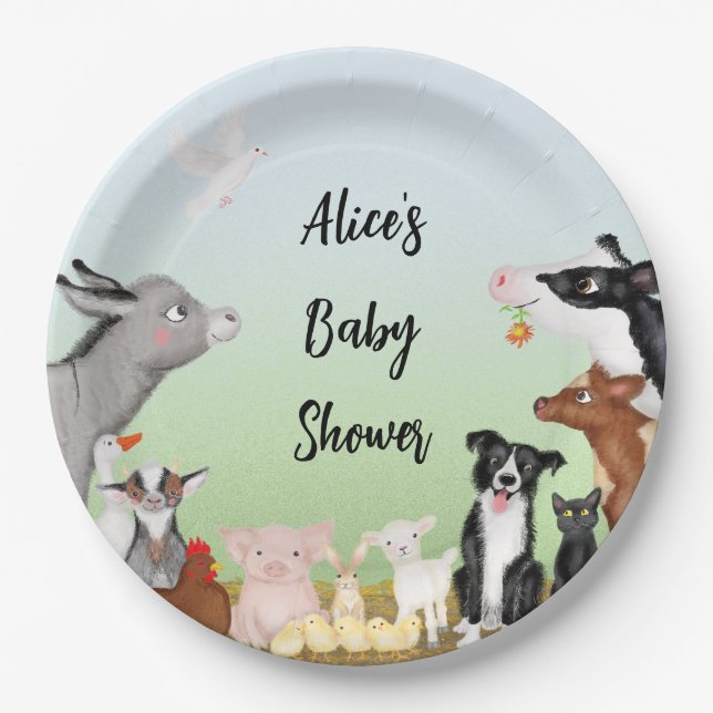 Niedliche Nutztiere Babydusche Pappteller (Vorderseite)