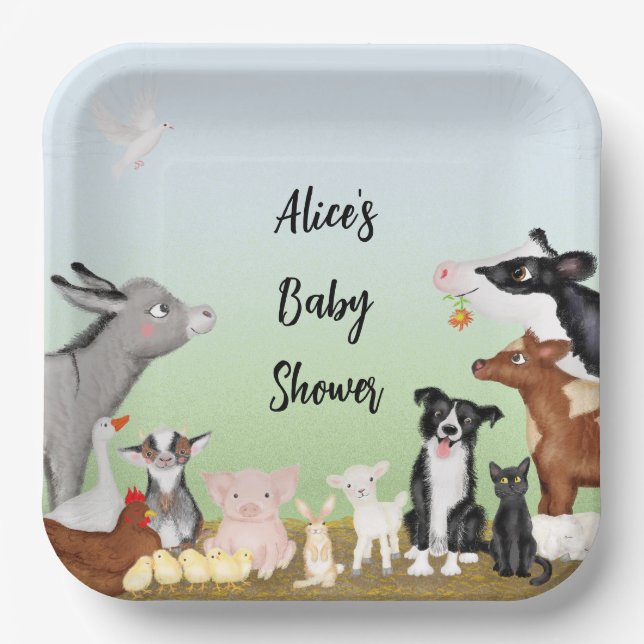 Niedliche Nutztiere Babydusche Pappteller (Vorderseite)