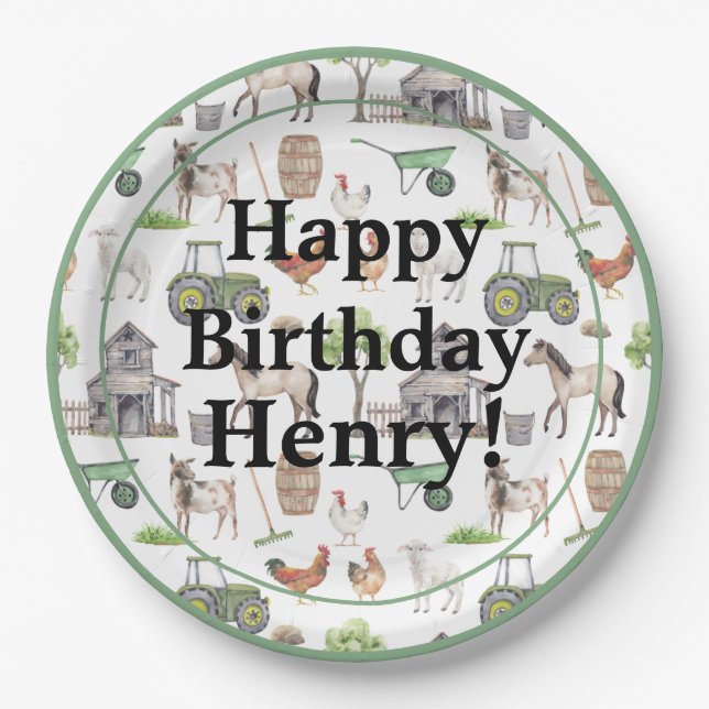 Niedliche Nutztiere Traktoren Name Happy Birthday  Pappteller (Vorderseite)