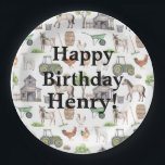 Niedliche Nutztiere Traktoren Name Happy Birthday  Pappteller<br><div class="desc">Niedliche Nutztiere,  Traktoren,  Ziegen,  Pferde mit der Typografie-Papiertafel "Happy Birthday".  Personalisieren Sie,  indem Sie Geburtstagsjungen Namen hinzufügen. Das Muster ist für jede Geburtstagsfeier niedlich. So niedlich wie möglich für diese kleinen Bauern Geburtstagsparty.  Matching-Elemente verfügbar.</div>