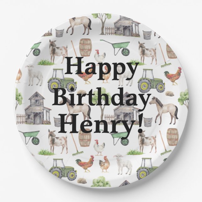 Niedliche Nutztiere Traktoren Name Happy Birthday  Pappteller (Vorderseite)