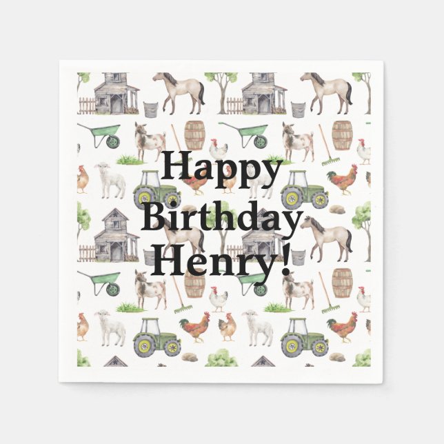 Niedliche Nutztiere Traktoren Name Happy Birthday Serviette (Vorderseite)
