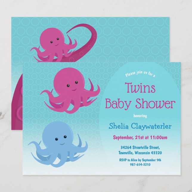 Niedliche Octopus Animal Twin Baby Dusche Einladung (Vorne/Hinten)