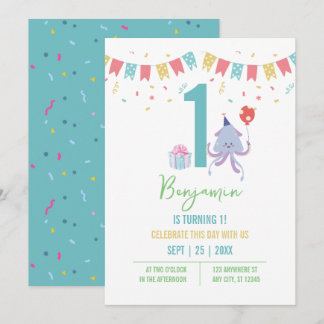Niedliche Octopus Ballon Banner 1. Geburtstag Einladung