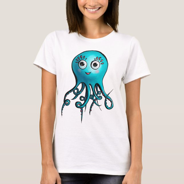 Niedliche Octopus Blauer Cartoon Tier T-Shirt (Vorderseite)